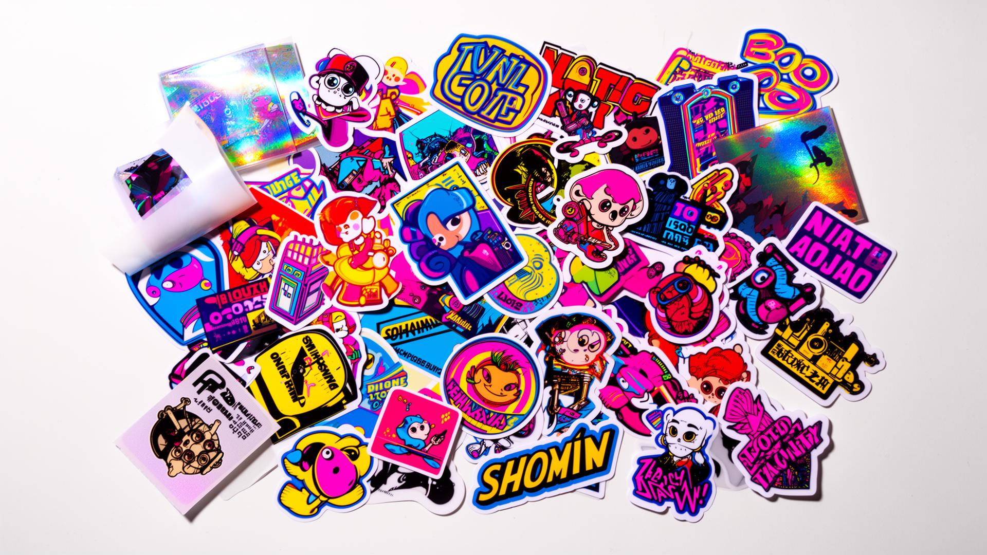 A scattered pile of vibrant custom vinyl stickers
