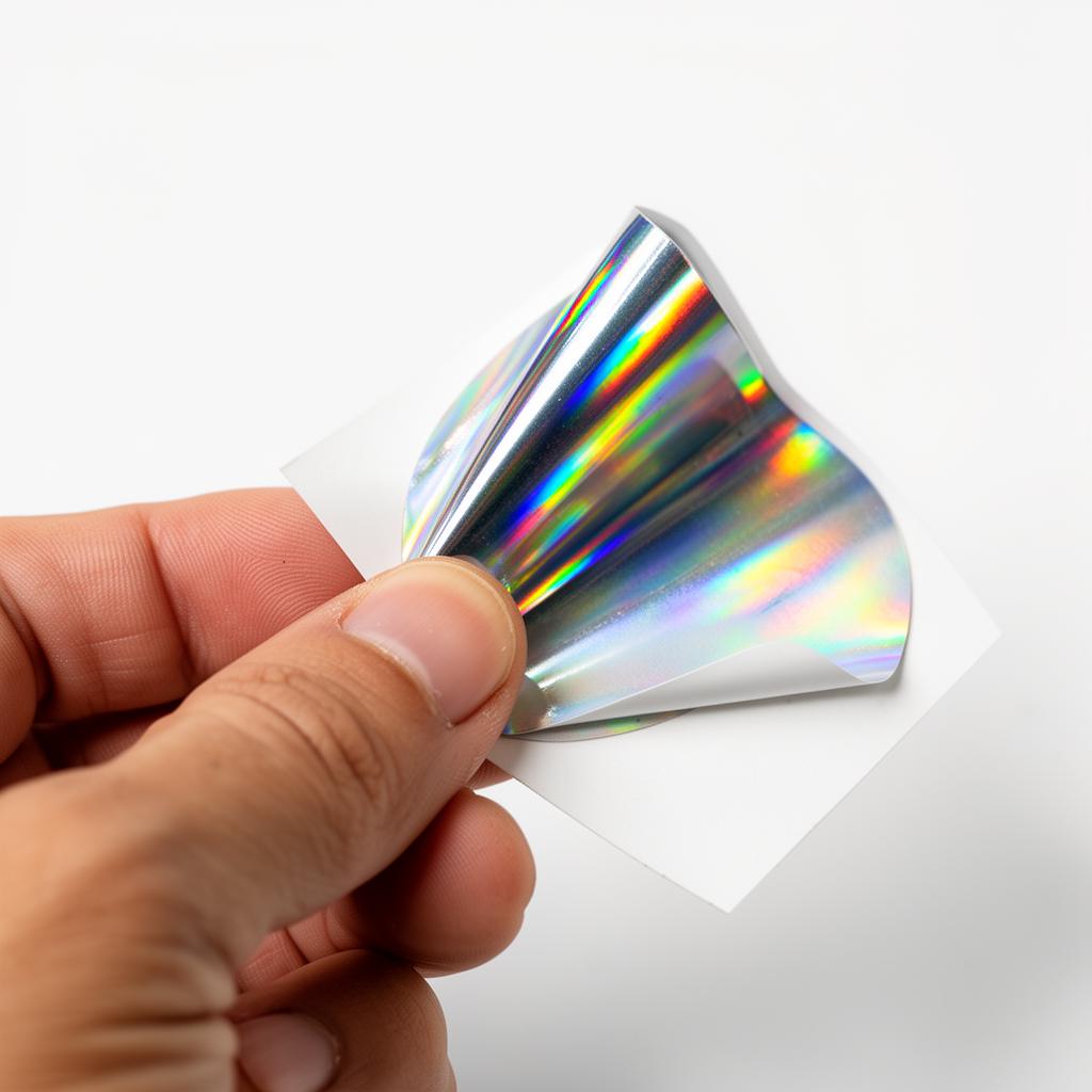 Hand peeling a holographic sticker